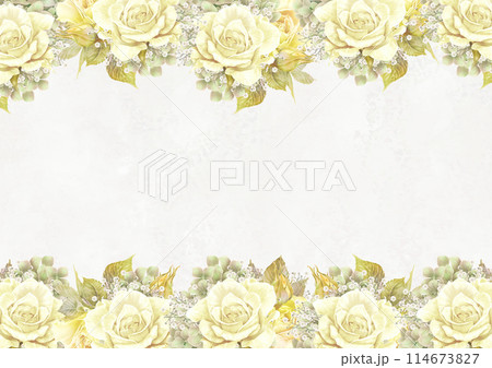 紫陽花とかすみ草をあわせた黄色と白の薔薇の花枠 紫陽花とかすみ草をあわせた黄色と白の薔薇の花枠 114673827