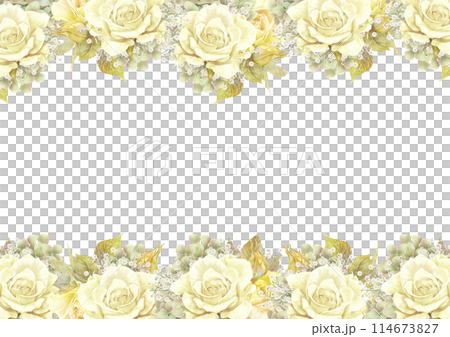 紫陽花とかすみ草をあわせた黄色と白の薔薇の花枠 紫陽花とかすみ草をあわせた黄色と白の薔薇の花枠 114673827