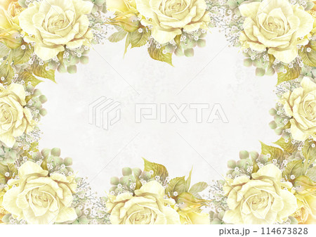 紫陽花とかすみ草をあわせた黄色と白の薔薇の花枠 紫陽花とかすみ草をあわせた黄色と白の薔薇の花枠 114673828