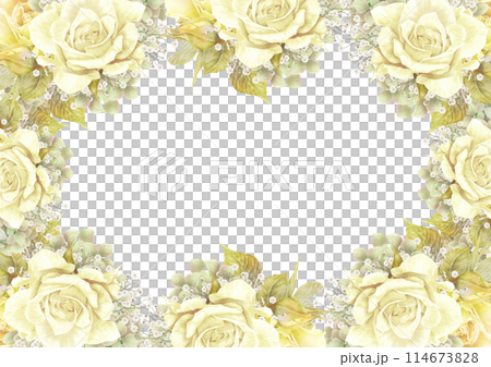 紫陽花とかすみ草をあわせた黄色と白の薔薇の花枠 紫陽花とかすみ草をあわせた黄色と白の薔薇の花枠 114673828