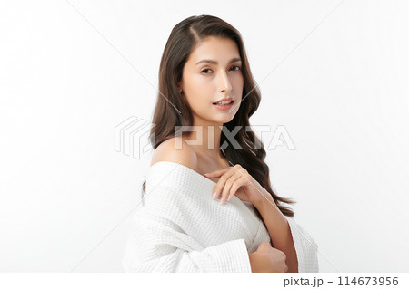 Beautiful young asian woman with clean fresh skin on white background, Face care, Facial treatment, Cosmetology, beauty and spa, Asian women portrait. Beautiful young asian woman with clean fresh skin on white background, Face care, Facial treatment, Cosmetology, beauty and spa, Asian women portrait. 114673956