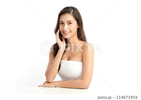 Beautiful young asian woman with clean fresh skin on white background, Face care, Facial treatment, Cosmetology, beauty and spa, Asian women portrait. Beautiful young asian woman with clean fresh skin on white background, Face care, Facial treatment, Cosmetology, beauty and spa, Asian women portrait. 114673958