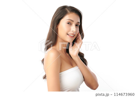 Beautiful young asian woman with clean fresh skin on white background, Face care, Facial treatment, Cosmetology, beauty and spa, Asian women portrait. 114673960