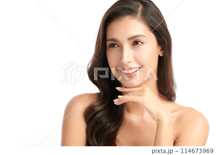 Beautiful young asian woman with clean fresh skin on white background, Face care, Facial treatment, Cosmetology, beauty and spa, Asian women portrait. 114673969