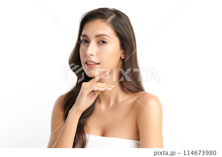 Beautiful young asian woman with clean fresh skin on white background, Face care, Facial treatment, Cosmetology, beauty and spa, Asian women portrait. Beautiful young asian woman with clean fresh skin on white background, Face care, Facial treatment, Cosmetology, beauty and spa, Asian women portrait. 114673980