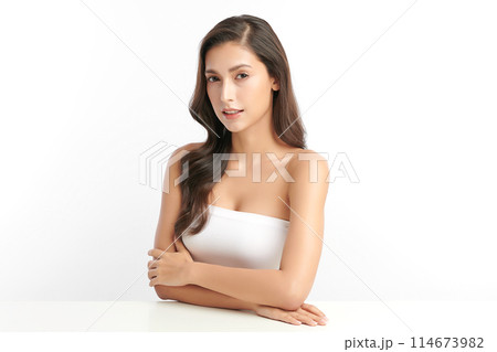 Beautiful young asian woman with clean fresh skin on white background, Face care, Facial treatment, Cosmetology, beauty and spa, Asian women portrait. 114673982