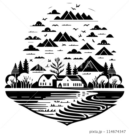 Village river graphic illustration sketch draw  114674347