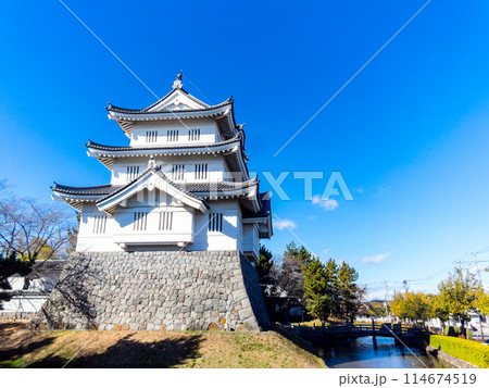 のぼうの城忍城跡の景色　天守とお堀　難攻不落の落ちない城　青空の下で 114674519