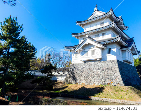 のぼうの城忍城跡の景色 天守とお堀 難攻不落の落ちない城 青空の下で のぼうの城忍城跡の景色 天守とお堀 難攻不落の落ちない城 青空の下で 114674533