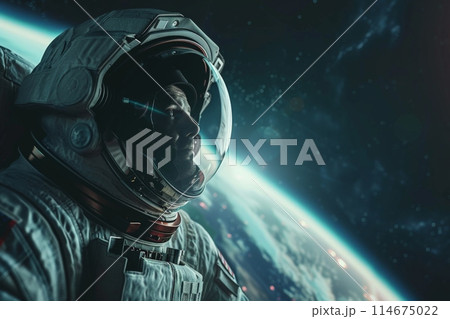 Astronaut in space with helmet floating in front of the Earth Astronaut in space with helmet floating in front of the Earth 114675022