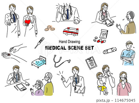 ラフな手書きの医療シーンイラストセット 114675045