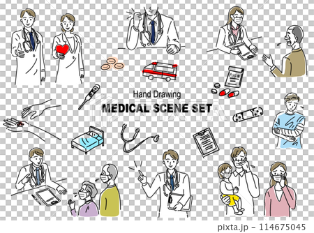 ラフな手書きの医療シーンイラストセット 114675045