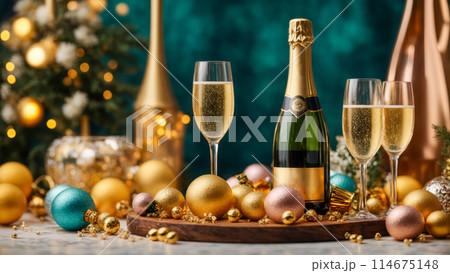 A table with champaigne bottle and glasses is covered with a variety of fruits, oranges and lemons 114675148