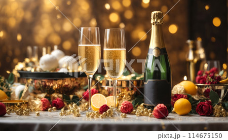 A table with champaigne bottle and glasses is covered with a variety of fruits, oranges and lemons A table with champaigne bottle and glasses is covered with a variety of fruits, oranges and lemons 114675150