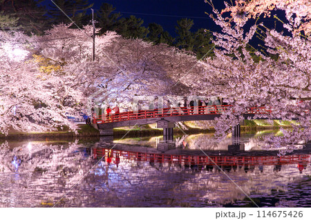 春の夜 満開の桜に囲まれる 弘前城ライトアップ 青森県 春の夜 満開の桜に囲まれる 弘前城ライトアップ 青森県 114675426