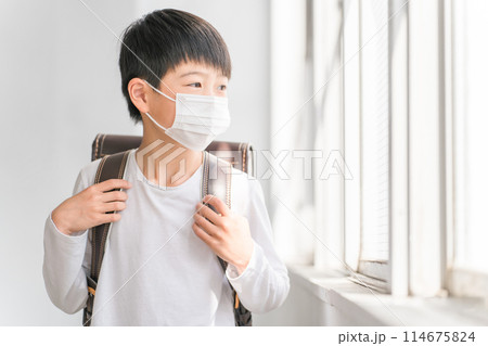 学校でマスクをつけている小学生の男の子 学校でマスクをつけている小学生の男の子 114675824
