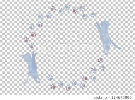Cat and paw print circle decorative frame, crayon touch, winter color 114675990