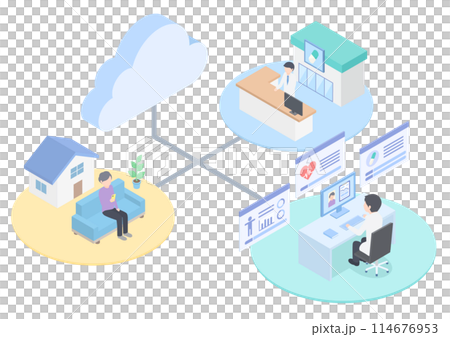 An image of hospitals and pharmacies sharing medical information online to examine patients and prescribe medicines 114676953
