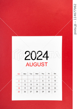 A August 2024 calendar page with push pin on red background. 114677062