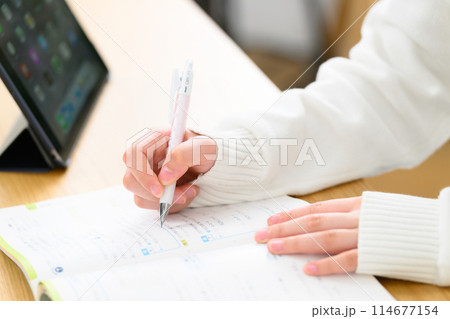 勉強をする女子高生　手元 114677154