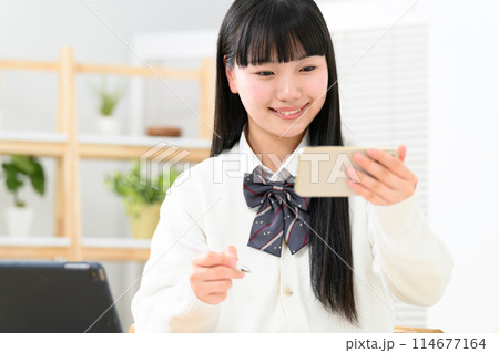 勉強をする女子高生　スマホ 114677164