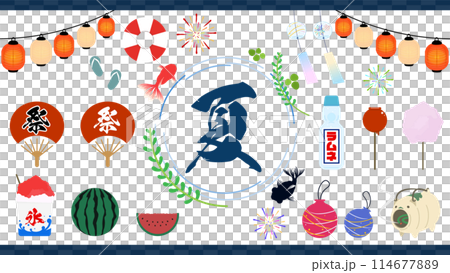 日本の夏祭りをモチーフにしたイラスト素材セット 日本の夏祭りをモチーフにしたイラスト素材セット 114677889