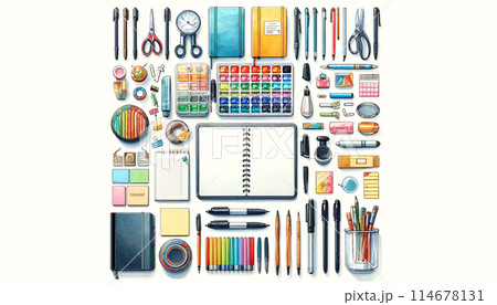 並べられたたくさんの文房具 並べられたたくさんの文房具 114678131