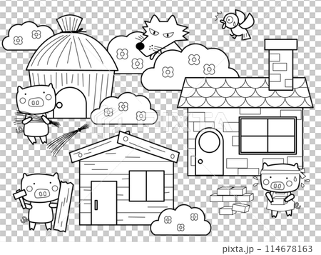 かわいい三匹のこぶたの塗り絵 かわいい三匹のこぶたの塗り絵 114678163
