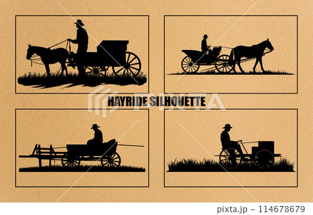 Vintage Tractor Hayride Vector Illustration Set, Hayride Silhouette Clip Art, 114678679