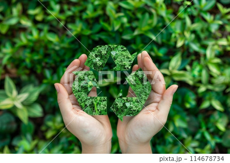A plantthemed recycling symbol surrounded by lush green leaves 114678734