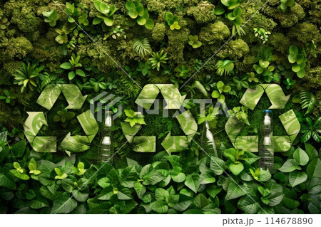 A plantthemed recycling symbol surrounded by lush green leaves A plantthemed recycling symbol surrounded by lush green leaves 114678890