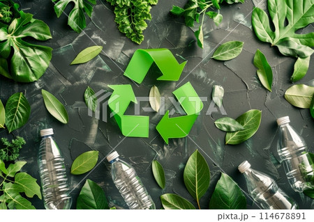 A plantthemed recycling symbol surrounded by lush green leaves A plantthemed recycling symbol surrounded by lush green leaves 114678891