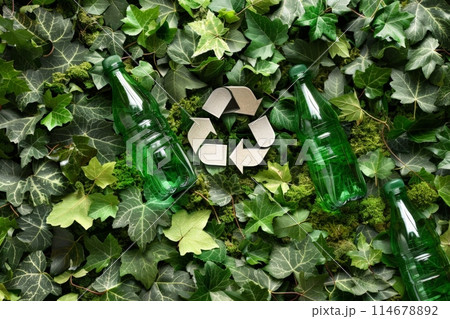 A plantthemed recycling symbol surrounded by lush green leaves 114678892