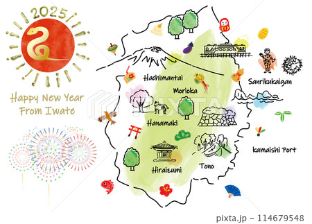 岩手県の観光地のイラストマップ年賀状2025年 114679548