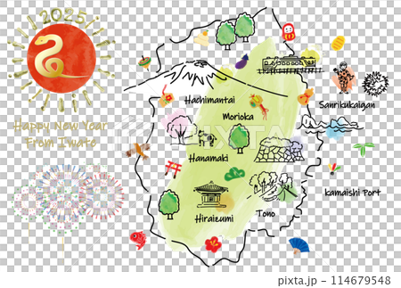 岩手県の観光地のイラストマップ年賀状2025年 114679548