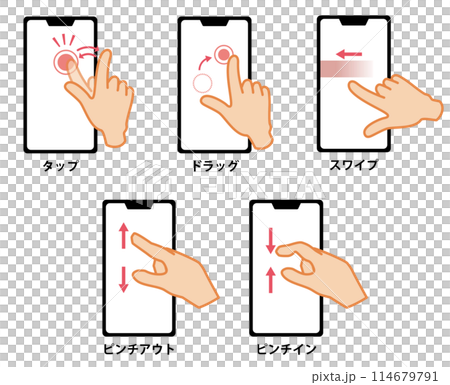 スマホ（スマートフォン）でよくする指の操作のイラストセット 114679791