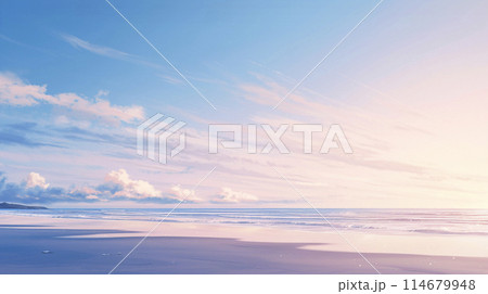 薄紫色に染まった空と海と砂浜 AI画像 薄紫色に染まった空と海と砂浜 AI画像 114679948