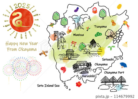 岡山県の観光地のイラストマップ年賀状2025年 114679992