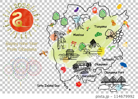 岡山縣旅遊景點插畫圖2025新年賀卡 114679992