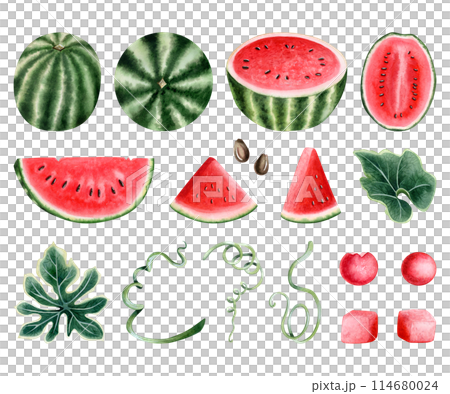 Fresh red and green watermelon set with berry, slices, seeds, leaves and ice cream scoops. Hand drawn fruit watercolor illustration collection isolated on white for organic food and juices designs Fresh red and green watermelon set with berry, slices, seeds, leaves and ice cream scoops. Hand drawn fruit watercolor illustration collection isolated on white for organic food and juices designs 114680024