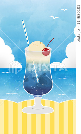 イラスト素材：キラキラ光る夏の海を背景に涼しげなクリームソーダ 114680103