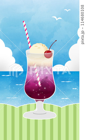 イラスト素材：キラキラ光る夏の海を背景に涼しげなクリームソーダ 114680108