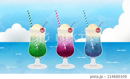 イラスト素材:キラキラ光る夏の海を背景に涼しげなクリームソーダ イラスト素材:キラキラ光る夏の海を背景に涼しげなクリームソーダ 114680109