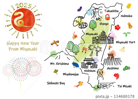 宮崎県の観光地のイラストマップ年賀状2025年 114680178