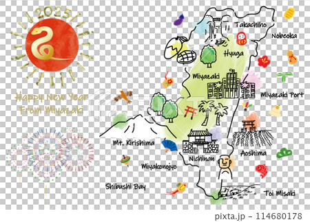宮崎県の観光地のイラストマップ年賀状2025年 114680178