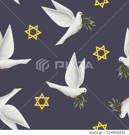 Watercolor dove of peace flying with olive branch and yellow gold stars of David seamless pattern on dark blue background for stand with Israel designs. White pigeon bird symbol 114680291