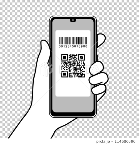 Smartphone with QR code and barcode displayed 114680390