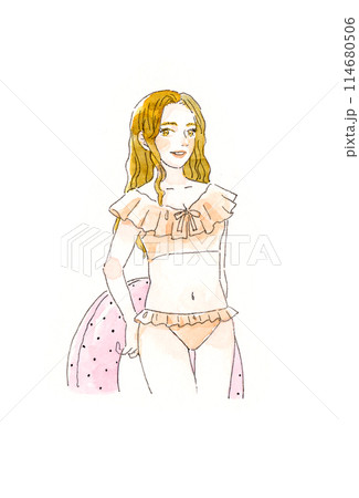 アナログ透明水彩イラスト セパレートのビキニの女性が浮き輪を持っているイラストレーション アナログ透明水彩イラスト セパレートのビキニの女性が浮き輪を持っているイラストレーション 114680506