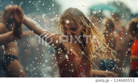 summer music festival-goer dancing in the rain at a summer music festival 114680553