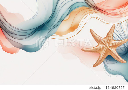 Artistic background with seashells, golden waves, starfish and coral wallpaper for banner design, poster in orange and blue colors. Artistic background with seashells, golden waves, starfish and coral wallpaper for banner design, poster in orange and blue colors. 114680725